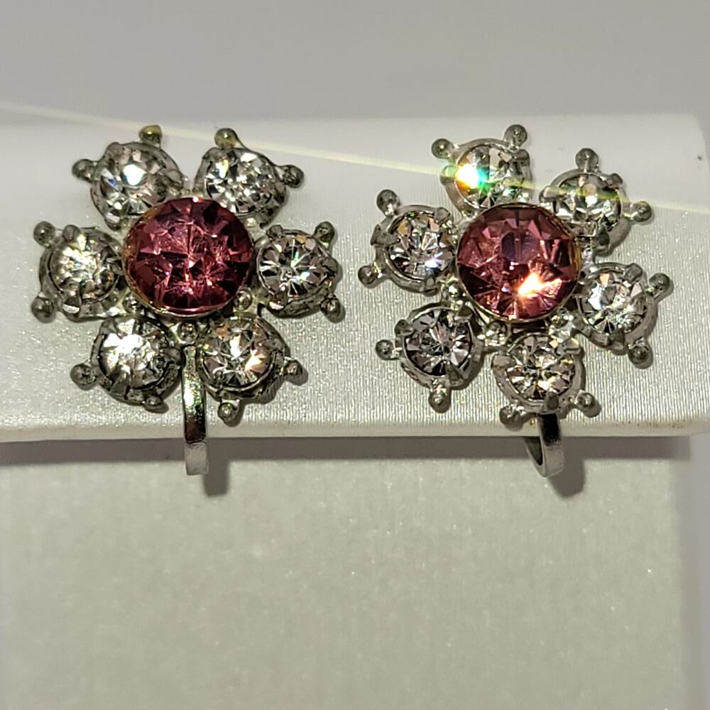 Vintage Signed NEMO Pink Rhinestone Screw Back Floral Midcentury Earrings
